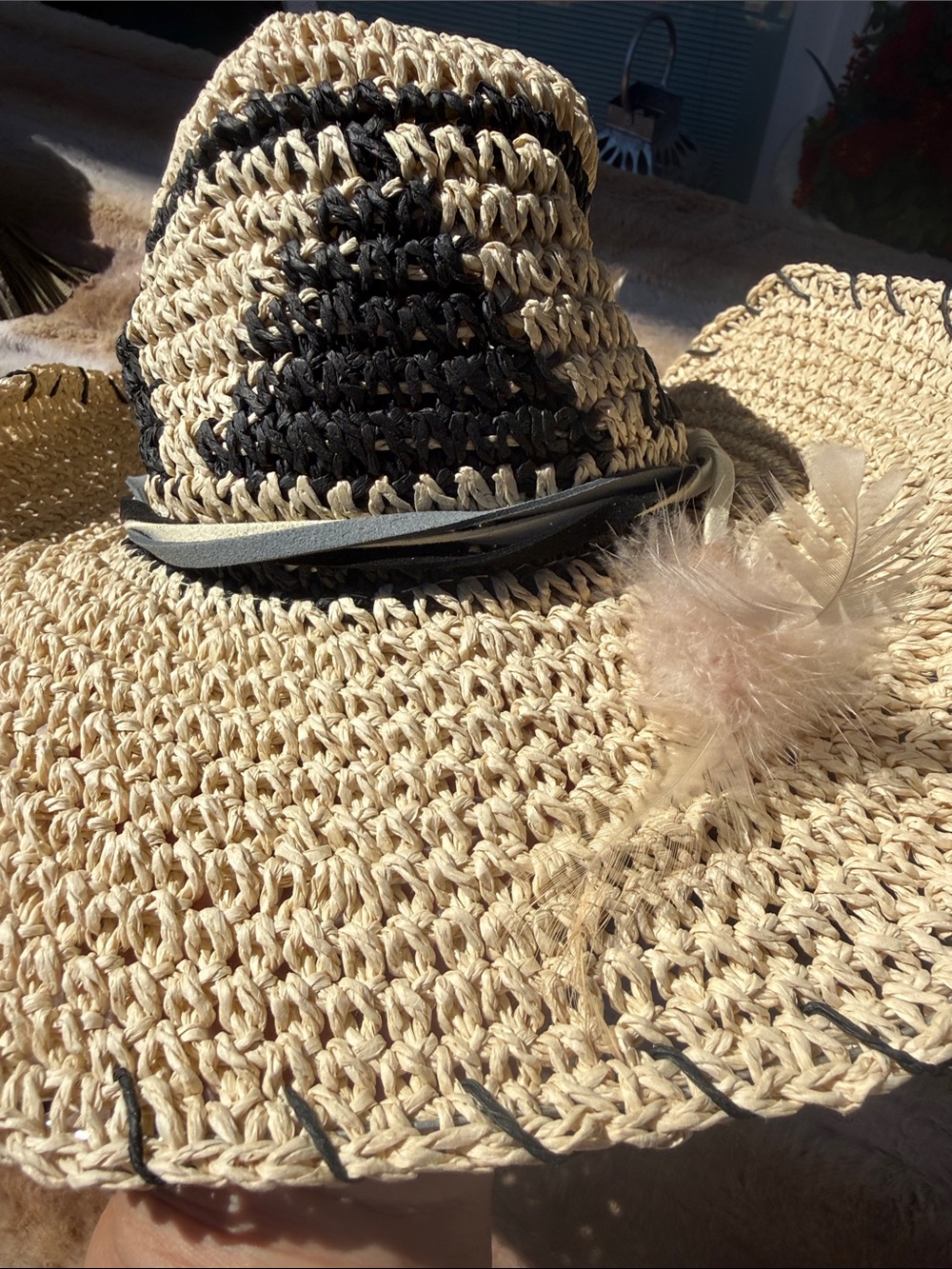 Peter Grimm New Aztec 3 band/ feathers Natural Straw Crochet Hat Black Accents - Picture 7 of 11